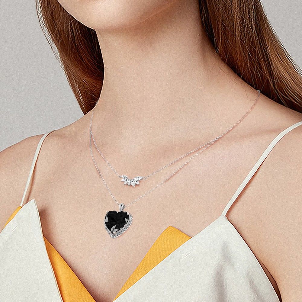 Layered Black Heart &  Angel's Wing Necklace