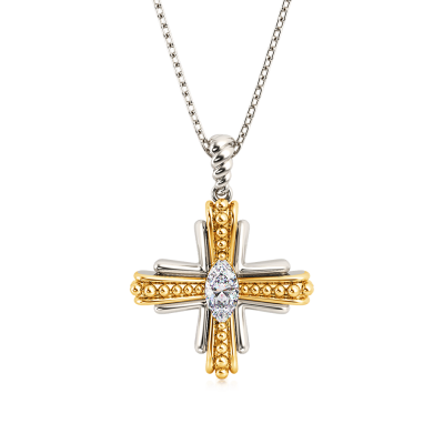 Two Tone Twisted Cable Religious Cross Pendant with 14k Gold - Zanfeld